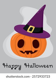 Illustration of a pumpkin jack-o'-lantern wearing a witch's hat. Happy Halloween card