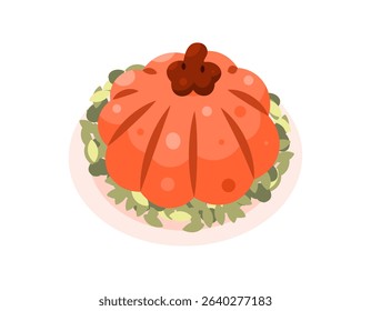 illustration of a pumpkin with leaves. pumpkin fruit, harvest and autumn. flat style design. fall design elements or assets, thanksgiving