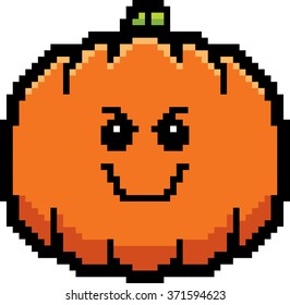 An illustration of a pumpkin looking evil in an 8-bit cartoon style.