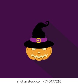 Illustration of a pumpkin magician for halloween with angry face on purple background