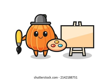 Illustration of pumpkin mascot as a painter , cute design