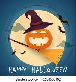 illustration of the pumpkin on a broomstick. over the moon. happy Halloween.