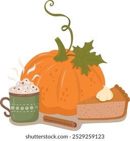 An illustration of a pumpkin, a pie, and a coffee mug made by hand. Vector illustration.It is used for scrapbooking, making postcards, posters, invitations, stickers.