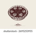 Illustration of pumpkin pie, tart, shortbread cake. The pie is decorated with whipped cream, meringue. Vector line art