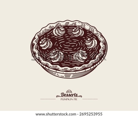 Illustration of pumpkin pie, tart, shortbread cake. The pie is decorated with whipped cream, meringue. Vector line art