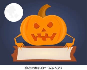 Illustration of a pumpkin with a poster and the moon