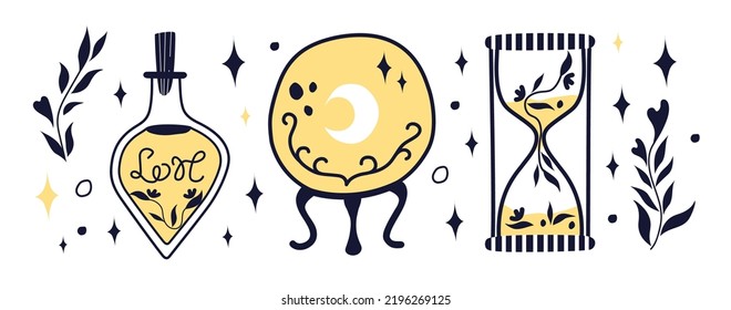 Illustration von Kürbis, Tränke und Sanduhr. Hexerei und Magie-Stimmung. Halloween-Zauberei.