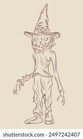 Illustration of a pumpkin scarecrow with a witch hat