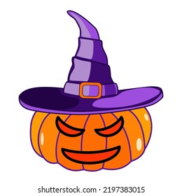 Illustration of pumpkin with scary face and witch hat in flat technique 