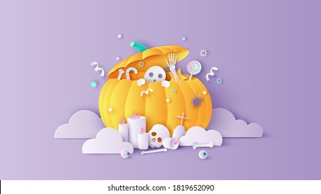 Illustration of pumpkin shape box opened decorated with items for Halloween celebration. Graphic design for Halloween. paper cut and craft style. vector, illustration.