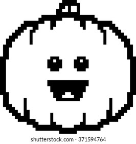 An illustration of a pumpkin smiling in an 8-bit cartoon style.