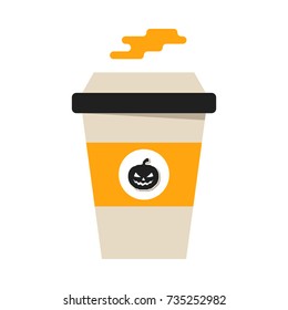 Illustration of a pumpkin spice hot drink paper cup for takeaway drinks isolated on white background. Vector illustration of a halloween drink with scary pumpkin icon and steam.