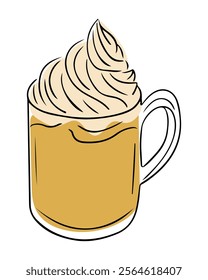 Illustration of pumpkin spice latte in clear mug, topped with swirl of whipped cream, drawn in cozy and modern style. Vector hand drawn drawing on white background