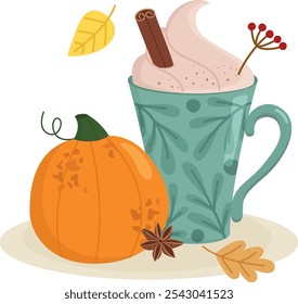 Illustration of Pumpkin spice latte with cream and cinnamon stick. Hot trend drink 