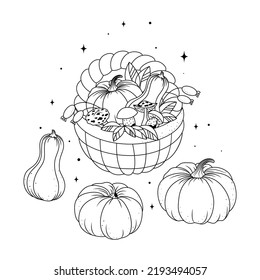  illustration of a pumpkin and vegetables, vector illustration with a basket, pumpkins, mushrooms, black silhouettes on a white background