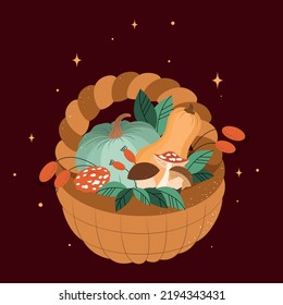  illustration of a pumpkin and vegetables, vector illustration with a basket, pumpkins, mushrooms