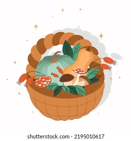 illustration of a pumpkin and vegetables, vector illustration with a basket, pumpkins, mushrooms