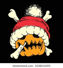 Illustration of a pumpkin wearing a beanie and bones on its side.
