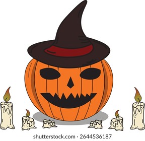 The Illustration of pumpkin wearing witch hat, candle for halloween