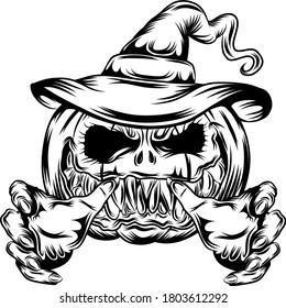 La ilustración de las calabazas con sombrero cónico y manos