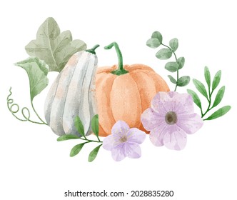 Illustration of pumpkins, flowers and vines. Farmers grow pumpkins for wholesale and overseas sales to earn money. 