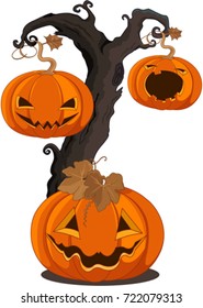 Ilustración de calabazas colgando del árbol