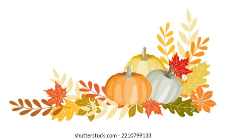 Illustration of pumpkins and leaves in warm Autumn colours. Set of isolated objects on white background. Thanksgiving, Halloween, Harvest celebration use, cards design, scrapbooking, textile. 