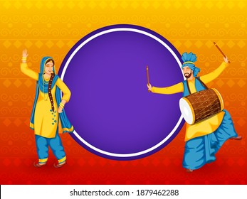 Illustration Of Punjabi Couple Doing Bhangra Dance With Dhol Instrument And Violet Empty Circular Frame On Orange Background.