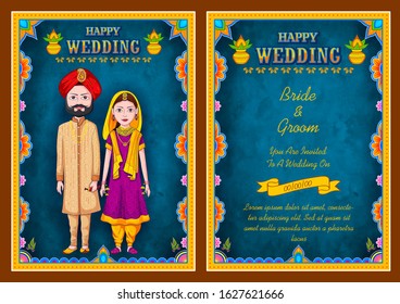 illustration of Punjabi couple on Indian Wedding invitation template background