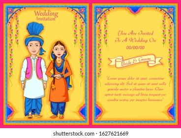 illustration of Punjabi couple on Indian Wedding invitation template background