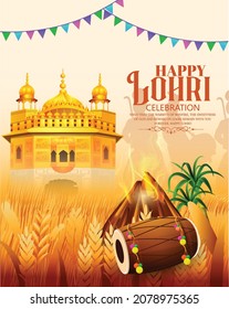 Illustration Of Punjabi Dance For Happy Lohri Background For Punjabi Festival, Bonfire, Sugarcane