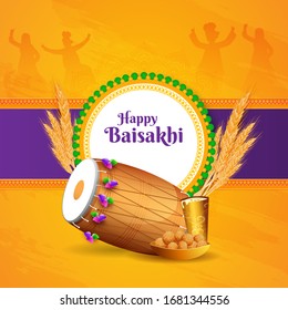 Illustration of Punjabi Festiva Baisakhi or Vaisakhi with a Drum, Wheatears, Sweet and Drink on People Dancing Silhouette on Yellow and Purple Background. 