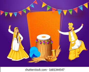 Illustration of Punjabi Festival Baisakhi or Vaisakhi with a Happy Punjabi Couple Performing Traditional Dance Bhangra and Gidda with Drum, Wheatears, Sweet and Drink on Purple Background. 
