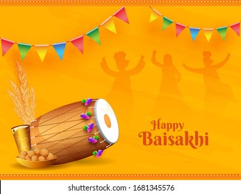Illustration of Punjabi Festival Baisakhi or Vaisakhi with a Drum, Wheatears, Sweet and Drink on People Dancing Silhouette on Yellow Background. 