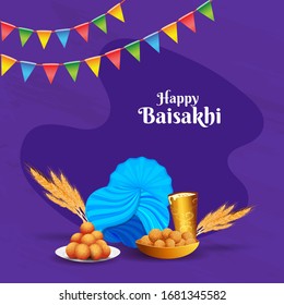 Illustration of Punjabi Festival Baisakhi or Vaisakhi with a Punjabi Turban, Drum, Wheatears, Sweet and Drink on Purple Background.