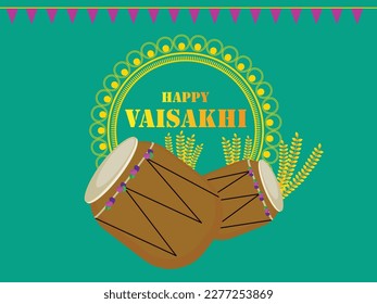Illustration of Punjabi Festival Baisakhi or Vaisakhi with drum and Happy Baisakhi, Happy Baisakhi poster or flyer design.