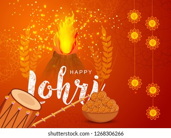 Illustration Of Punjabi Festival Happy lohri celebration Background With Bonfire And Dhol.