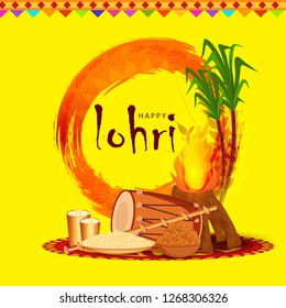 Illustration Of Punjabi Festival Happy lohri celebration Background With Bonfire And Dhol.