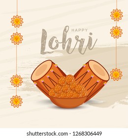 Illustration Of Punjabi Festival Happy lohri celebration Background With Bonfire And Dhol.