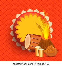 Illustration Of Punjabi Festival Happy lohri celebration Background With Bonfire And Dhol.