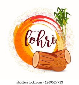 Illustration Of Punjabi Festival Happy lohri celebration Background With Bonfire And dhol.