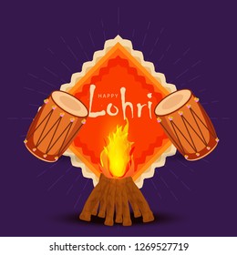 Illustration Of Punjabi Festival Happy lohri celebration Background With Bonfire And dhol.
