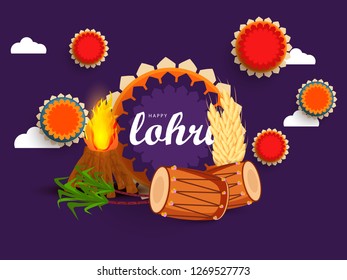 Illustration Of Punjabi Festival Happy lohri celebration Background With Bonfire And dhol.