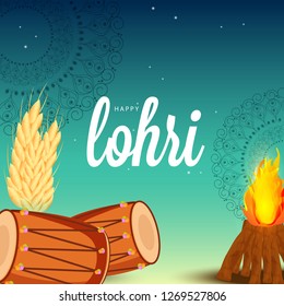 Illustration Of Punjabi Festival Happy lohri celebration Background With Bonfire And dhol.