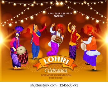 Illustration of Punjabi festival lohri celebration bonfire background with decorated drum and bhangra.