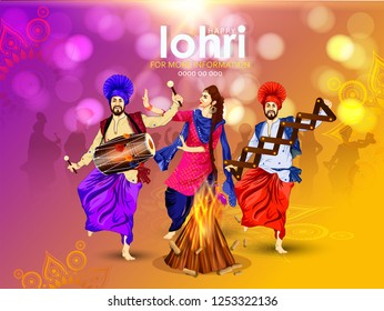 illustration of Punjabi festival lohri celebration bonfire background with decorated tack ,drum