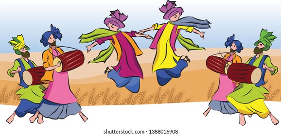 an illustration of a punjabi folk dance men in traditional dress