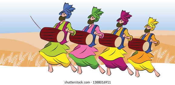 an illustration of a punjabi folk dance men in traditional dress