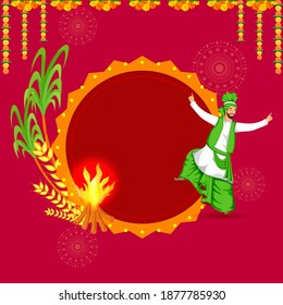 Illustration Of Punjabi Man Doing Bhangra Dance With Bonfire, Wheat Ears, Sugarcane, Floral Garland (Toran) And Space For Text On Pink Background.