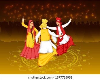 Illustration Of Punjabi People Doing Bhangra Dance With Dhol Instrument On Brown Lights Effect Background.